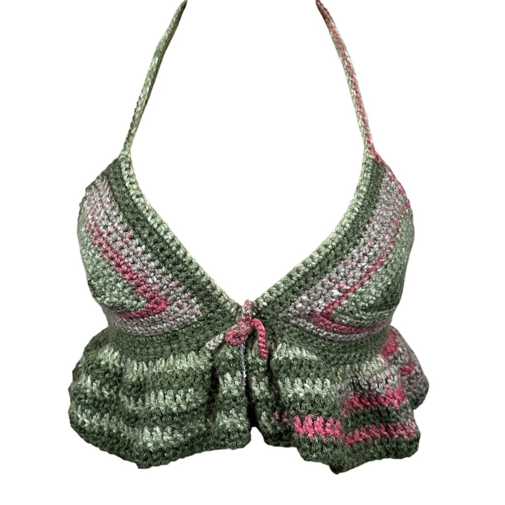 Handmade Crochet Halter Crop Top Green Pink Beaded Boho Festival Fairycore